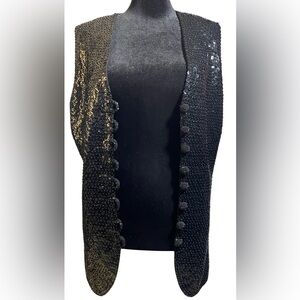 Vintage 1950s 60s VALENTINA Ltd. Wool Frog Closure Sequin Vest Black Medium RARE